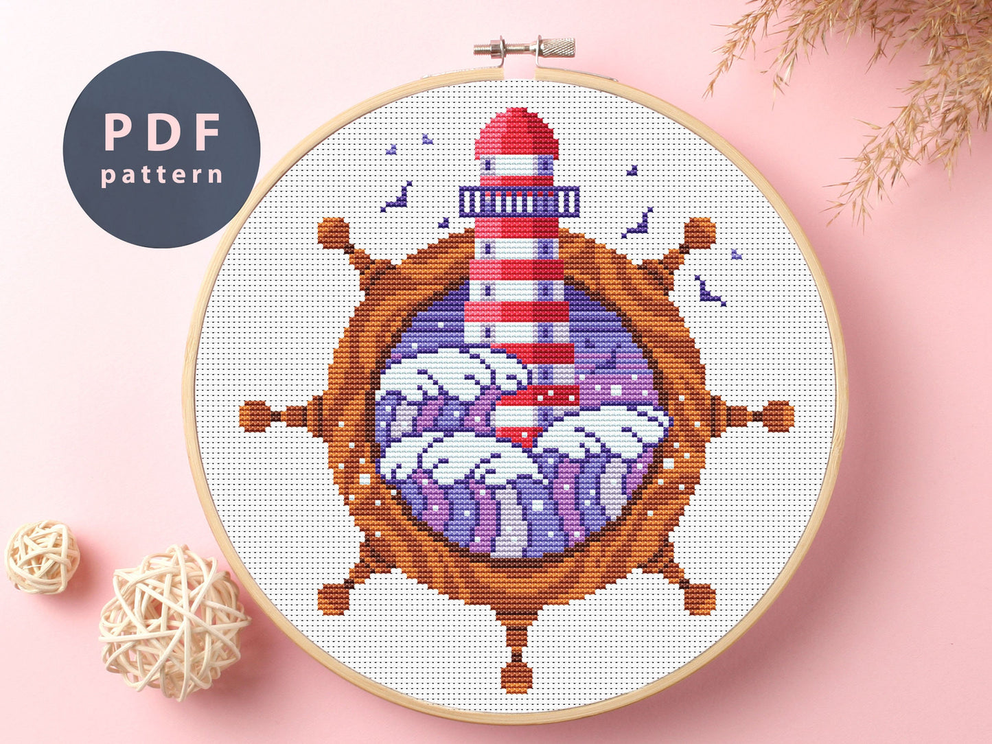 Ship Wheel Lighthouse Cross Stitch Pattern: Nautical DIY Craft (PDF Pattern)