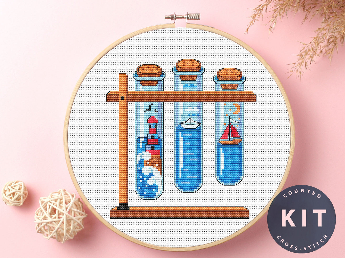 Test Tubes Cross Stitch Kit: Lighthouse, Boat, Moon Design