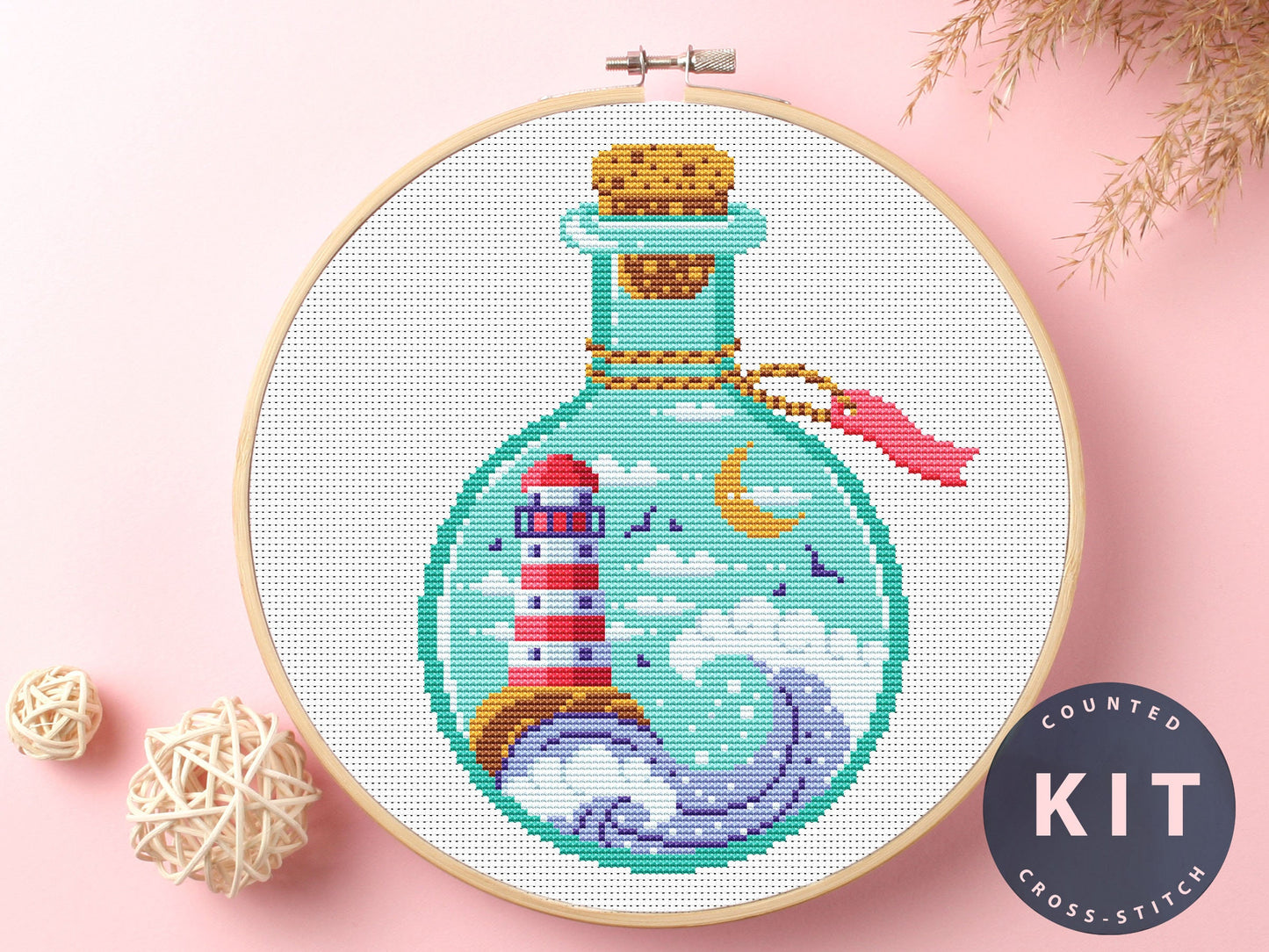 Bottle Cross Stitch Kit: Lighthouse & Moon DIY Embroidery