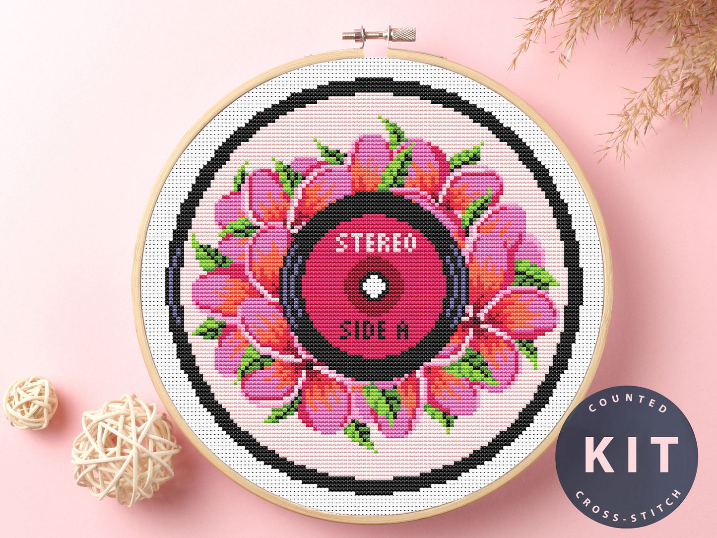 Vinyl Record Floral Cross Stitch Kit: Retro DIY Craft