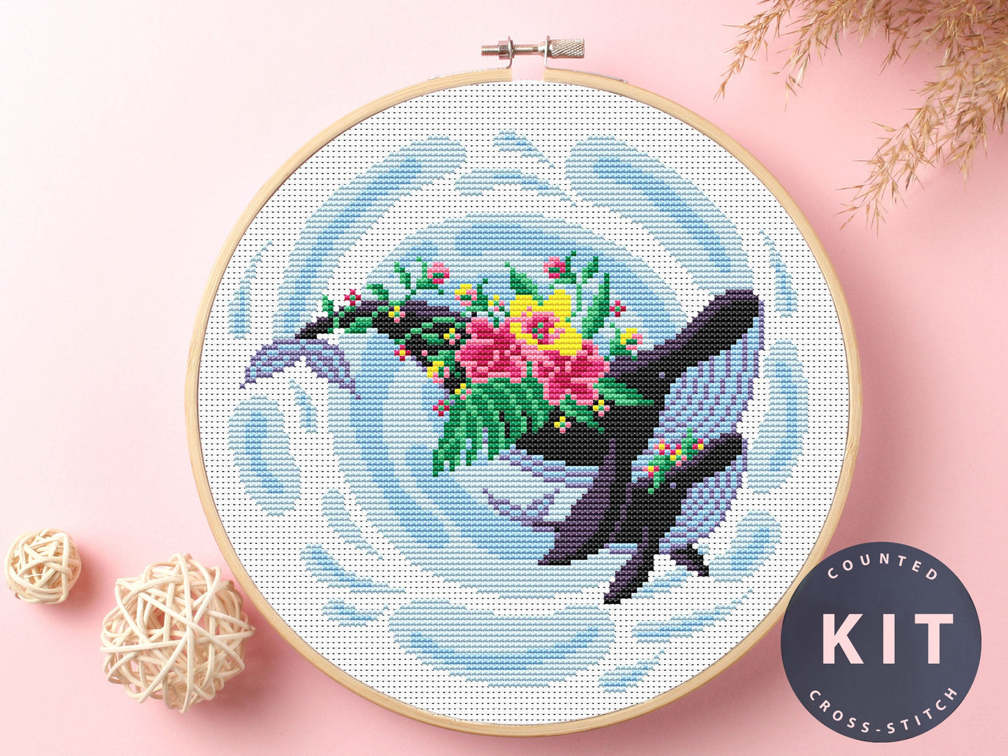 Whale Mom and Baby Cross Stitch Kit: Floral Fantasy Embroidery