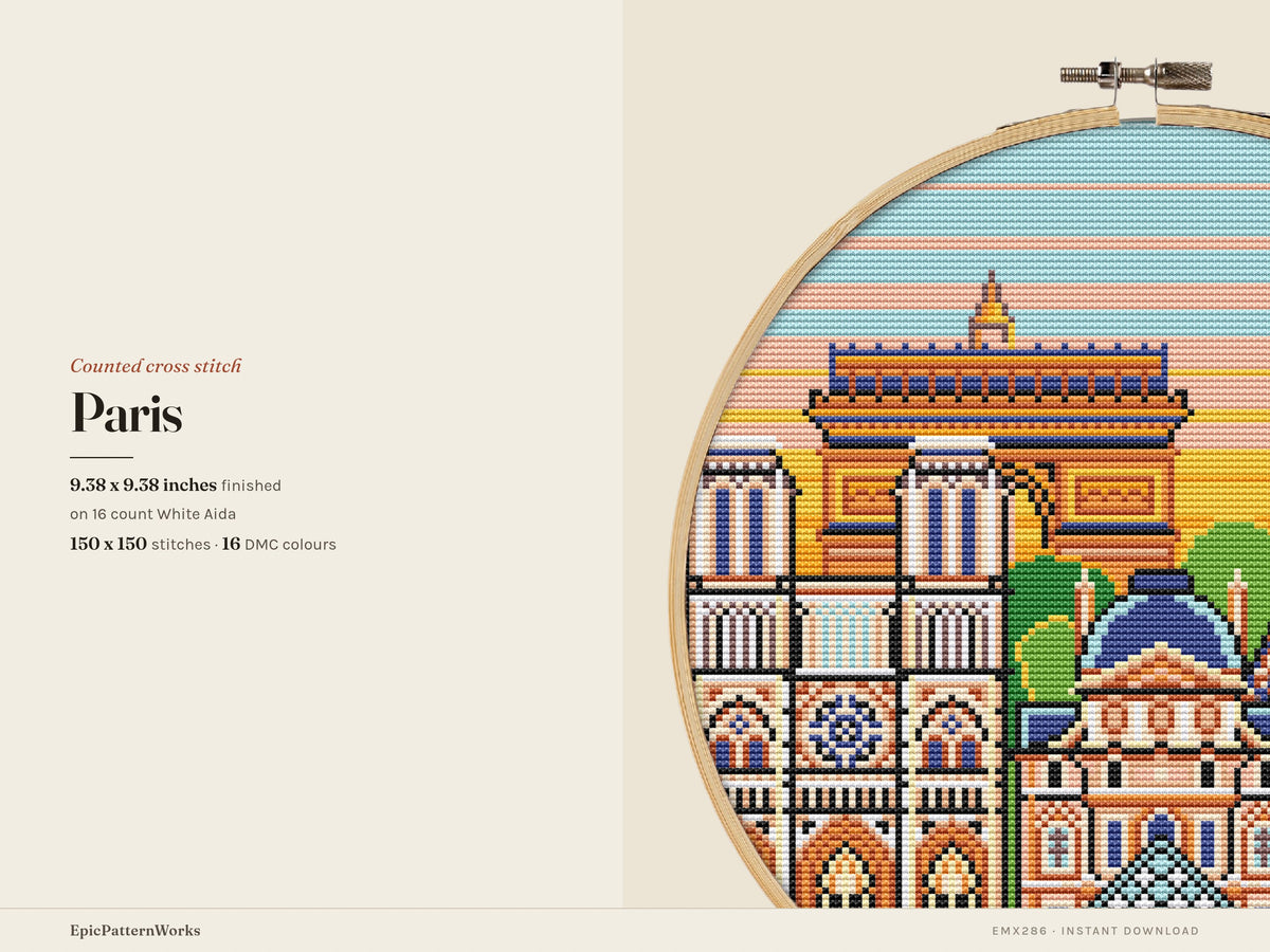 Round Paris cityscape cross stitch pattern showing the Eiffel Tower, Arc de Triomphe, Notre Dame, Louvre pyramid and domed buildings against a striped sunset sky.