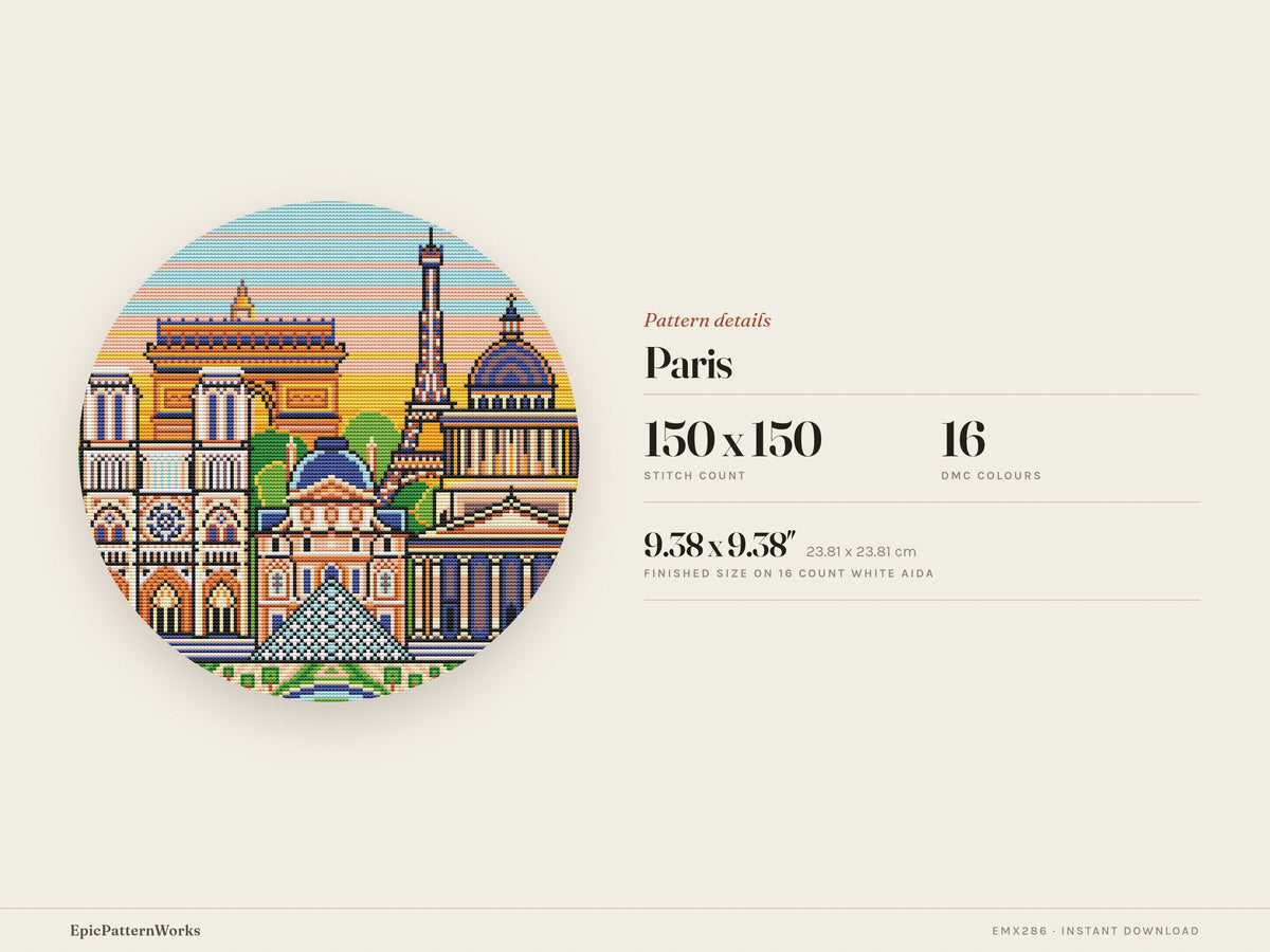 Round Paris cityscape cross stitch pattern showing the Eiffel Tower, Arc de Triomphe, Notre Dame, Louvre pyramid and domed buildings against a striped sunset sky.
