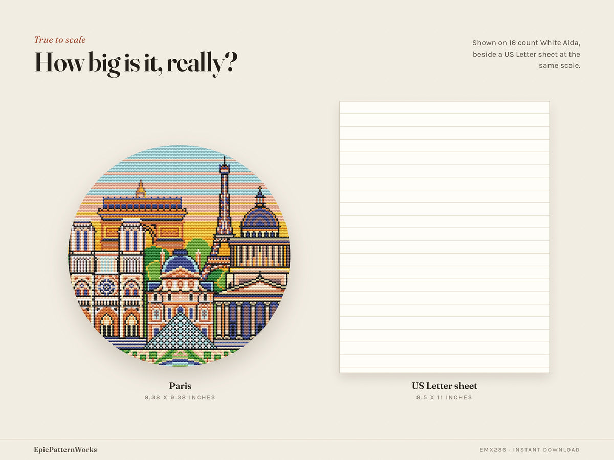 Round Paris cityscape cross stitch pattern showing the Eiffel Tower, Arc de Triomphe, Notre Dame, Louvre pyramid and domed buildings against a striped sunset sky.