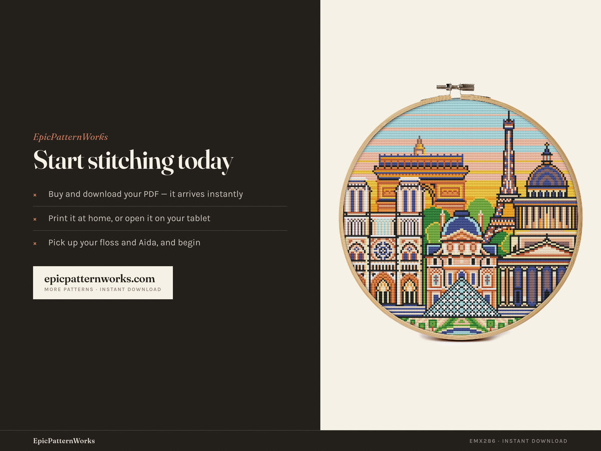 Round Paris cityscape cross stitch pattern showing the Eiffel Tower, Arc de Triomphe, Notre Dame, Louvre pyramid and domed buildings against a striped sunset sky.