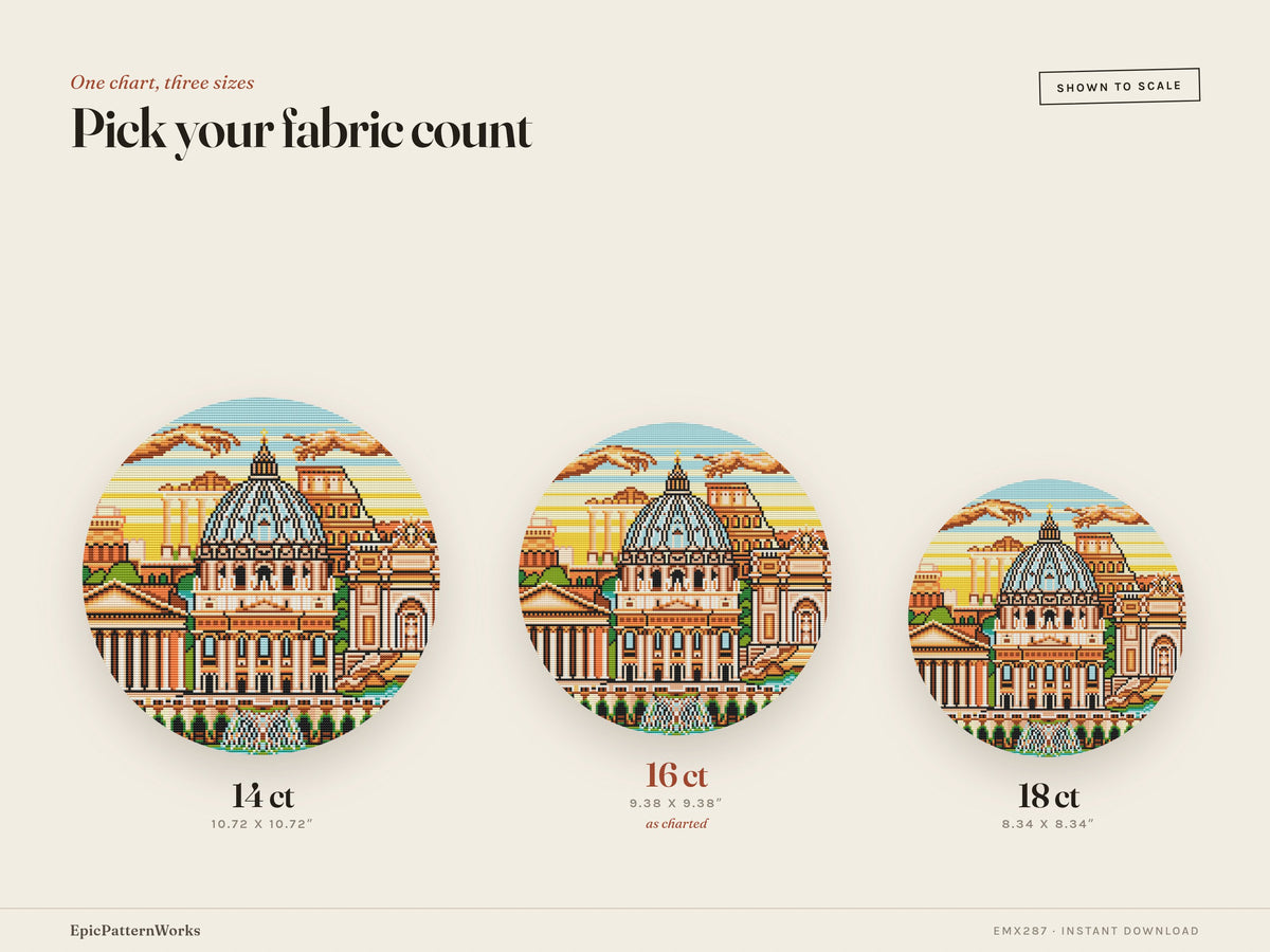 Round counted cross stitch pattern of a detailed Rome cityscape with domed cathedral, classical columns, arches, and fountains in warm sunset colors.