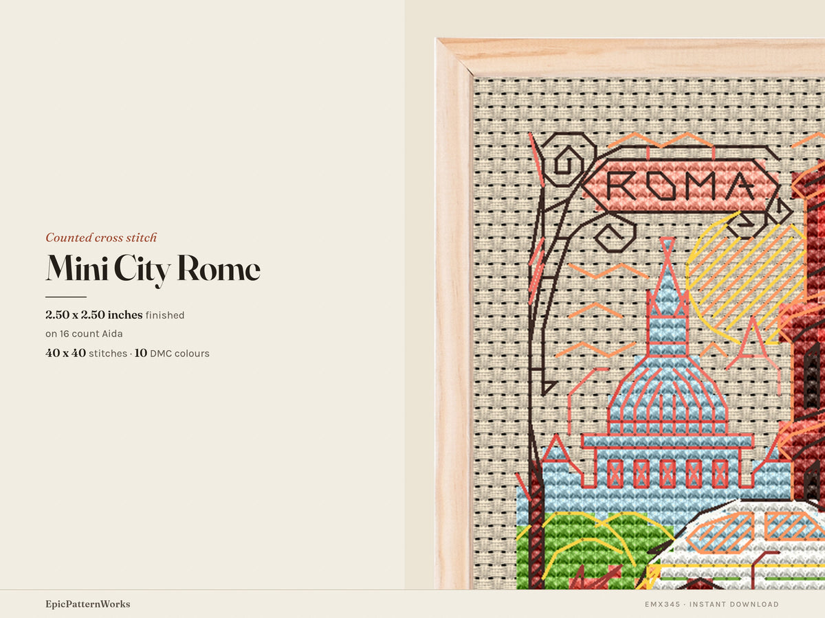 Mini City Rome cross stitch pattern showing a colorful cityscape with the Roman Colosseum, a blue-domed basilica, trees, a car, and a Roma street sign on beige fabric.