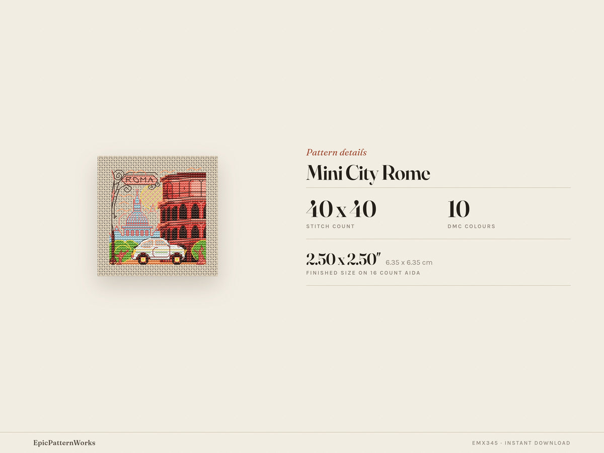 Mini City Rome cross stitch pattern showing a colorful cityscape with the Roman Colosseum, a blue-domed basilica, trees, a car, and a Roma street sign on beige fabric.