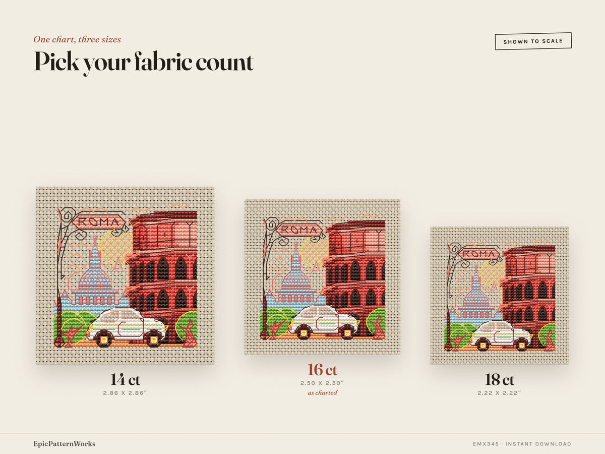 Mini City Rome cross stitch pattern showing a colorful cityscape with the Roman Colosseum, a blue-domed basilica, trees, a car, and a Roma street sign on beige fabric.