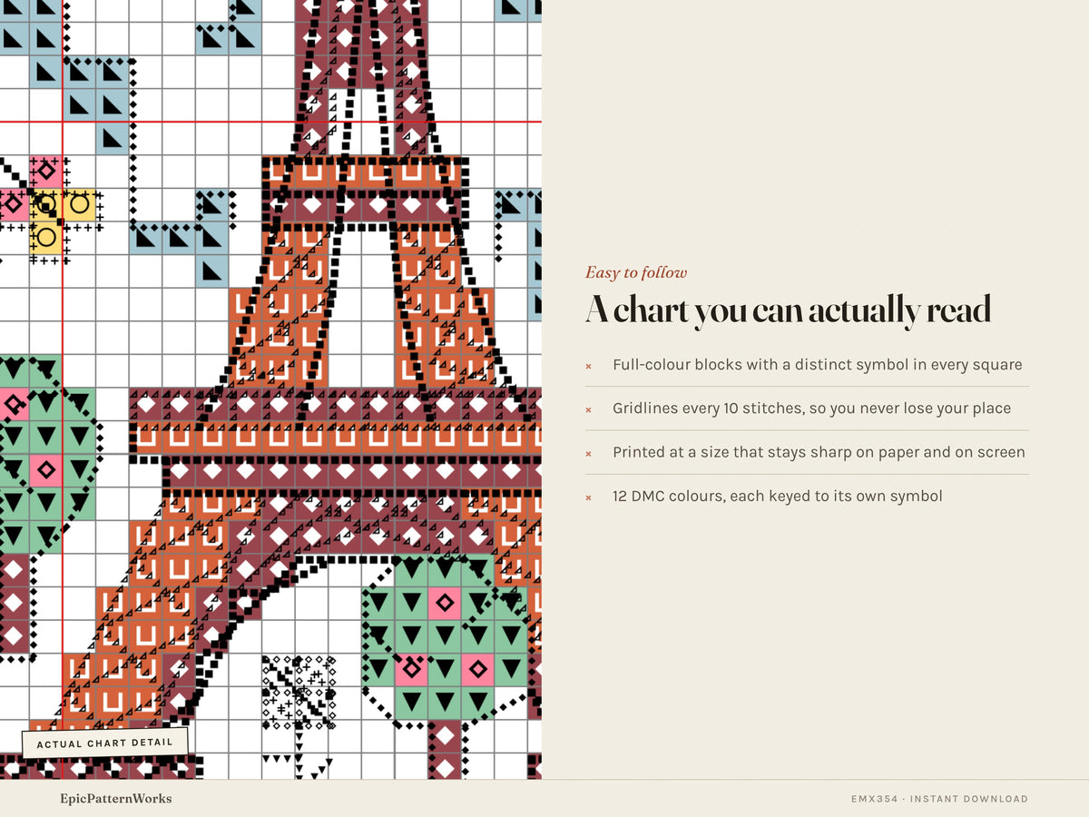 Cross stitch design of a small Paris cityscape showing a colorful Eiffel Tower, streetlamp with Paris sign, trees, clouds, and flowers on beige fabric.