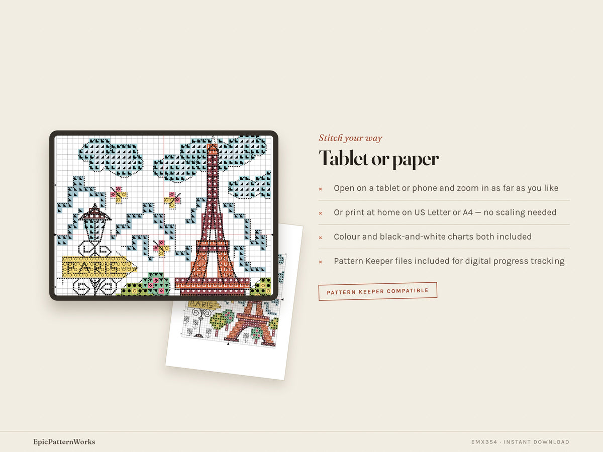 Cross stitch design of a small Paris cityscape showing a colorful Eiffel Tower, streetlamp with Paris sign, trees, clouds, and flowers on beige fabric.