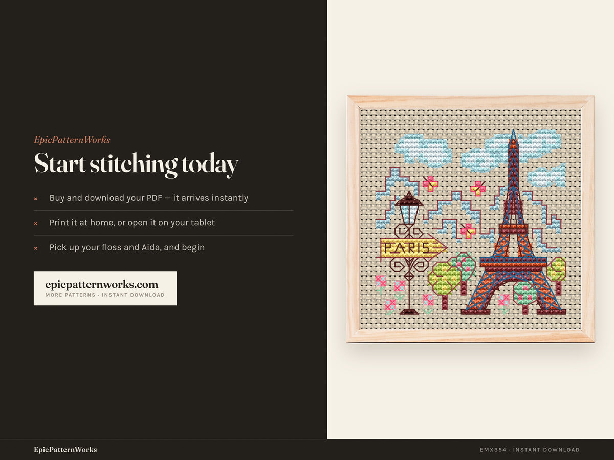Cross stitch design of a small Paris cityscape showing a colorful Eiffel Tower, streetlamp with Paris sign, trees, clouds, and flowers on beige fabric.