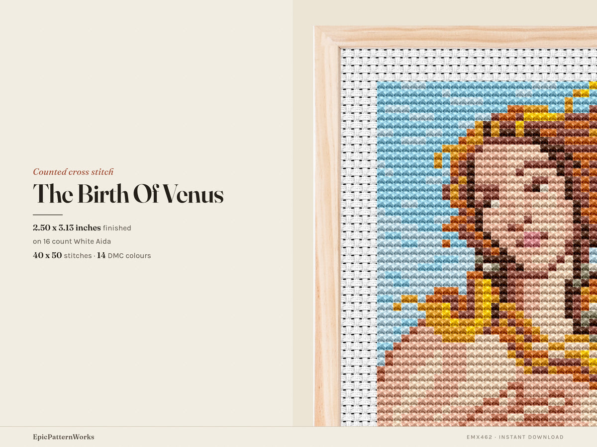 Close-up cross stitch pattern of Botticelli’s The Birth of Venus, showing Venus’s face and flowing golden hair on a blue sky background stitched on white Aida fabric.