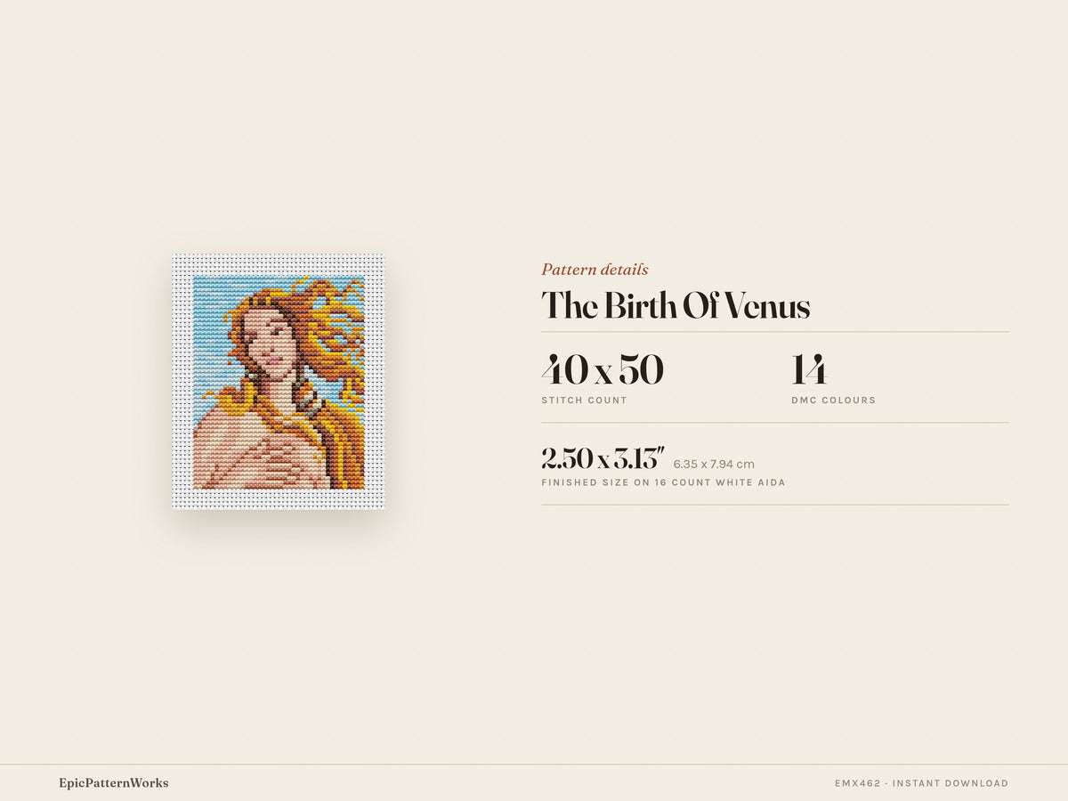 Close-up cross stitch pattern of Botticelli’s The Birth of Venus, showing Venus’s face and flowing golden hair on a blue sky background stitched on white Aida fabric.