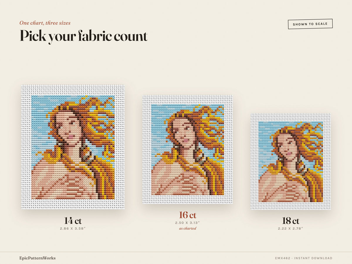 Close-up cross stitch pattern of Botticelli’s The Birth of Venus, showing Venus’s face and flowing golden hair on a blue sky background stitched on white Aida fabric.
