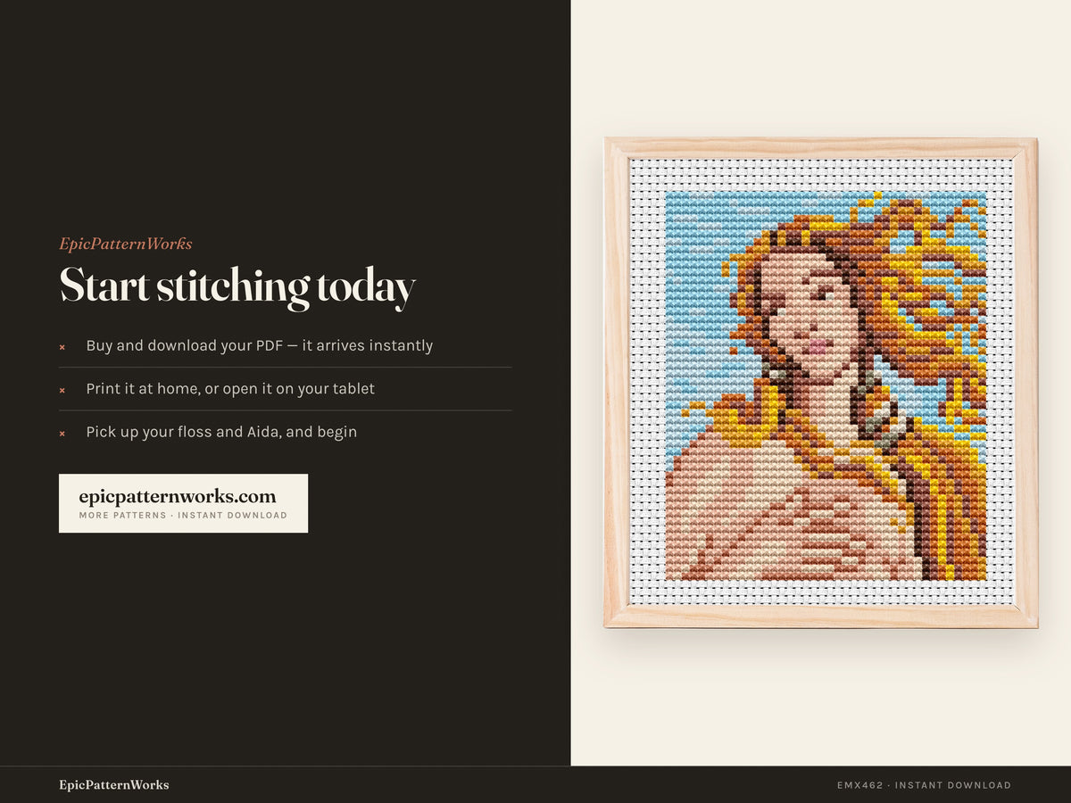 Close-up cross stitch pattern of Botticelli’s The Birth of Venus, showing Venus’s face and flowing golden hair on a blue sky background stitched on white Aida fabric.