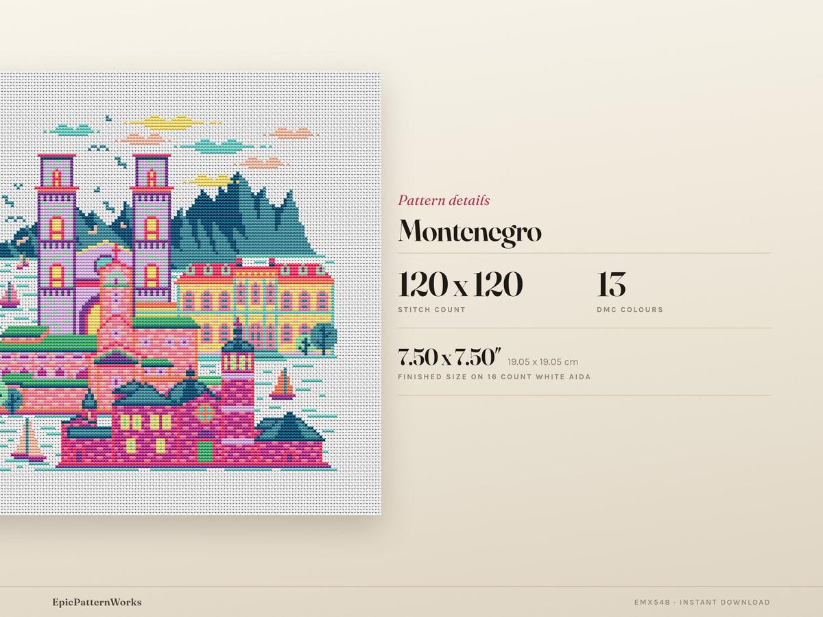 Colorful Montenegro-inspired cross stitch pattern showing a coastal cityscape with tall towers, domed buildings, sailboats on the water and dark mountains in the background on white fabric.