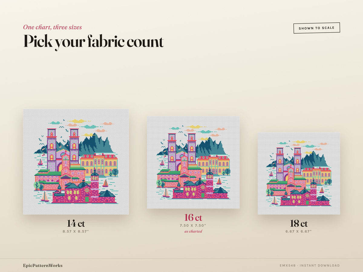 Colorful Montenegro-inspired cross stitch pattern showing a coastal cityscape with tall towers, domed buildings, sailboats on the water and dark mountains in the background on white fabric.