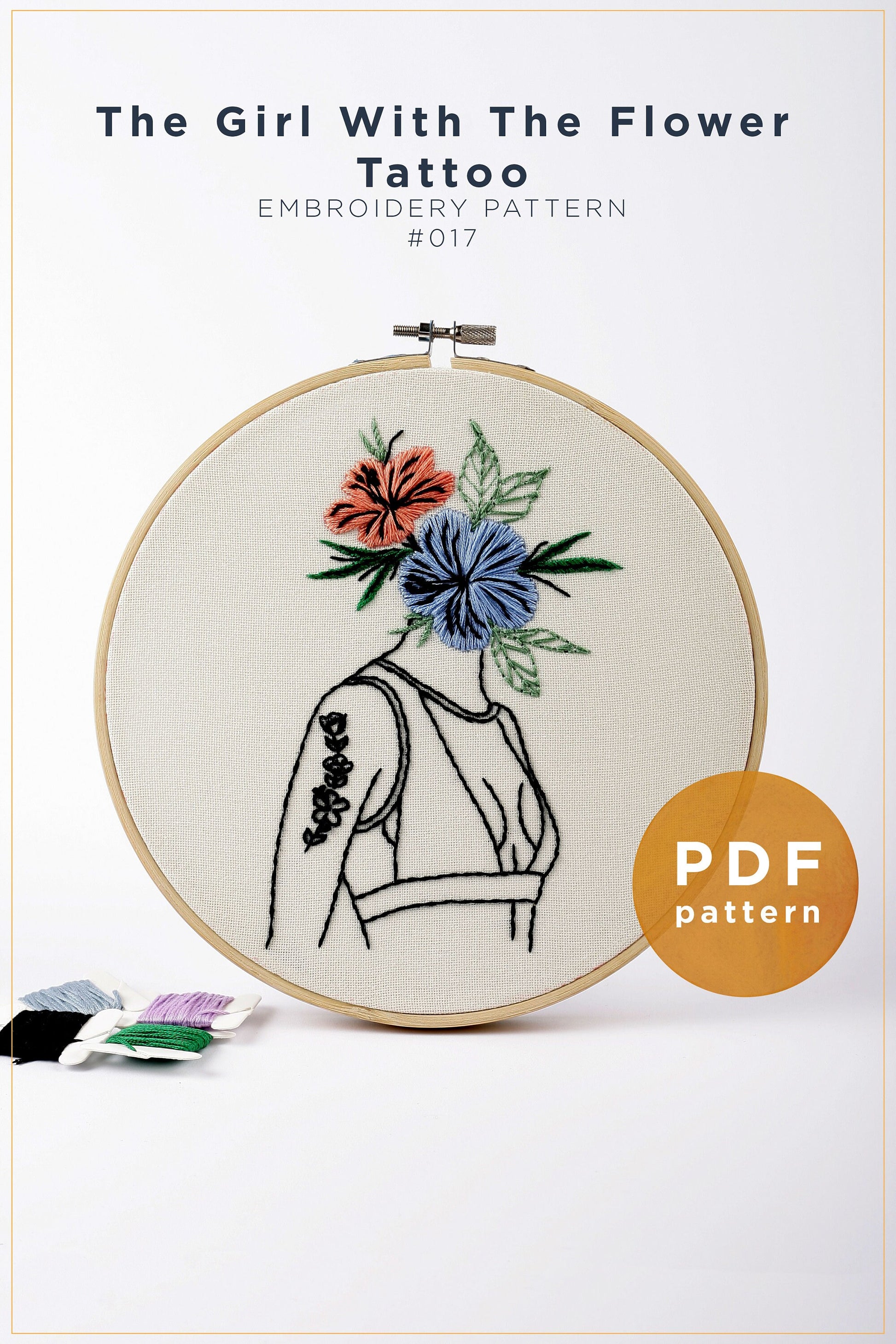 Floral Tattoo Embroidery Pattern: DIY Female Portrait (PDF Pattern)