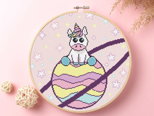 Unicorn In Space Cross Stitch Kit Beginner #KEMX290