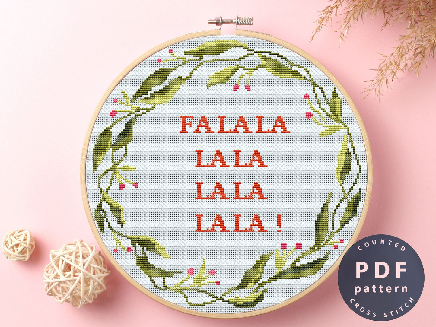 FaLaLa Funny Cross Stitch Pattern: Flower Wreath Decor (PDF Pattern)