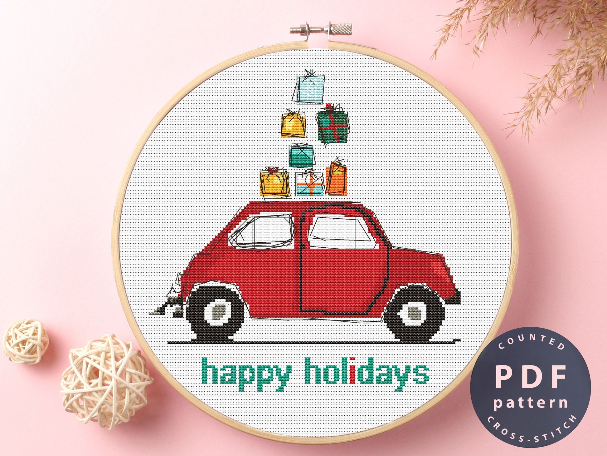Happy Holidays Cross Stitch Pattern: Car with Gifts (PDF Pattern)
