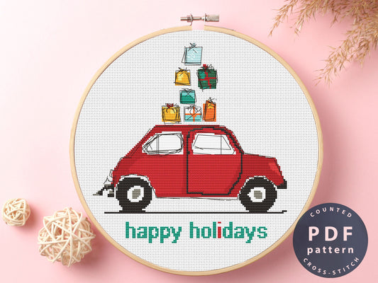Happy Holidays Cross Stitch Pattern: Car with Gifts (PDF Pattern)