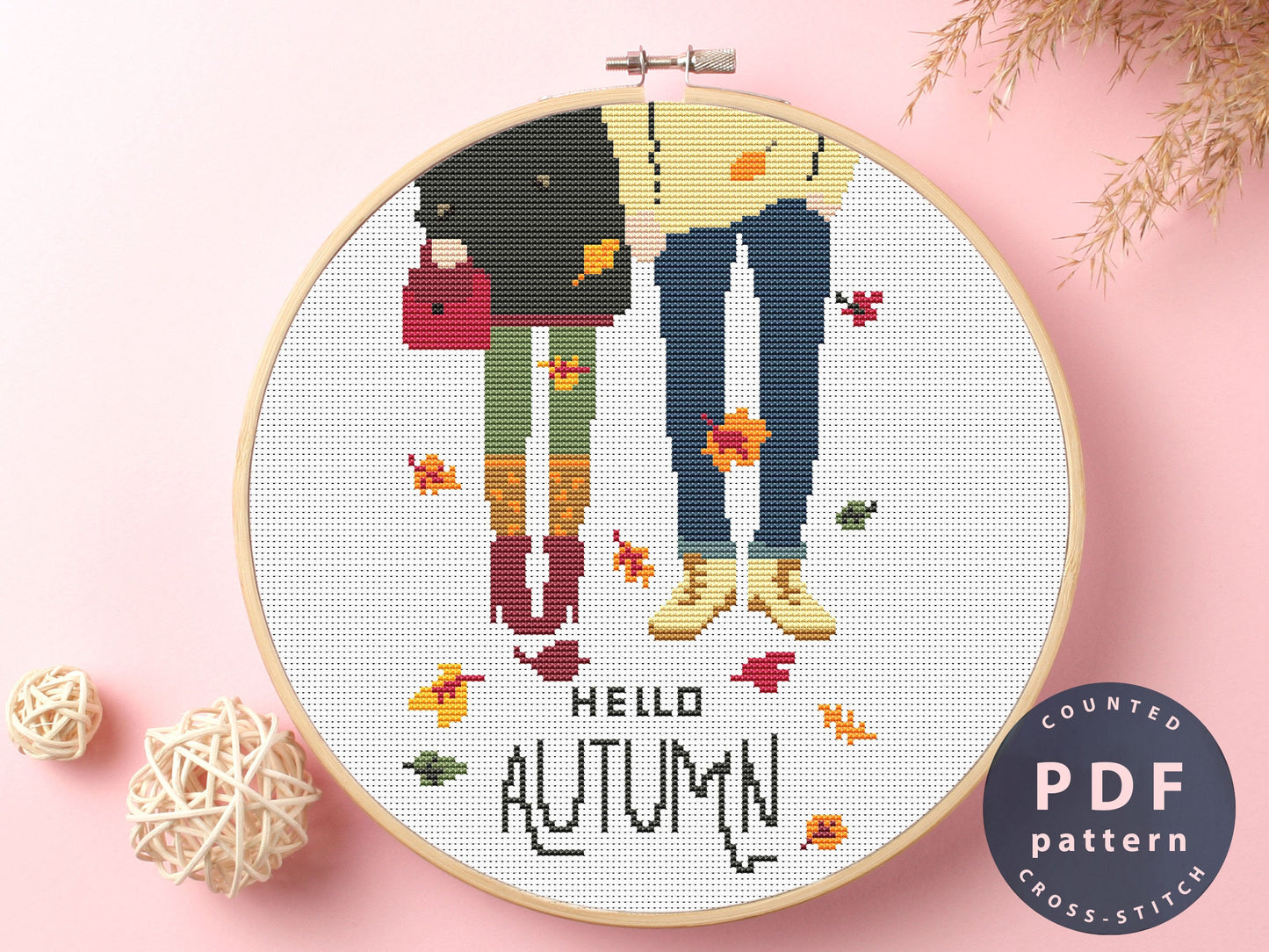 Autumn Couple Cross Stitch Pattern: Modern Fall Design (Digital Download)