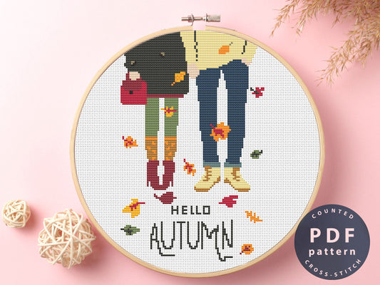 Autumn Couple Cross Stitch Pattern: Modern Fall Design (Digital Download)