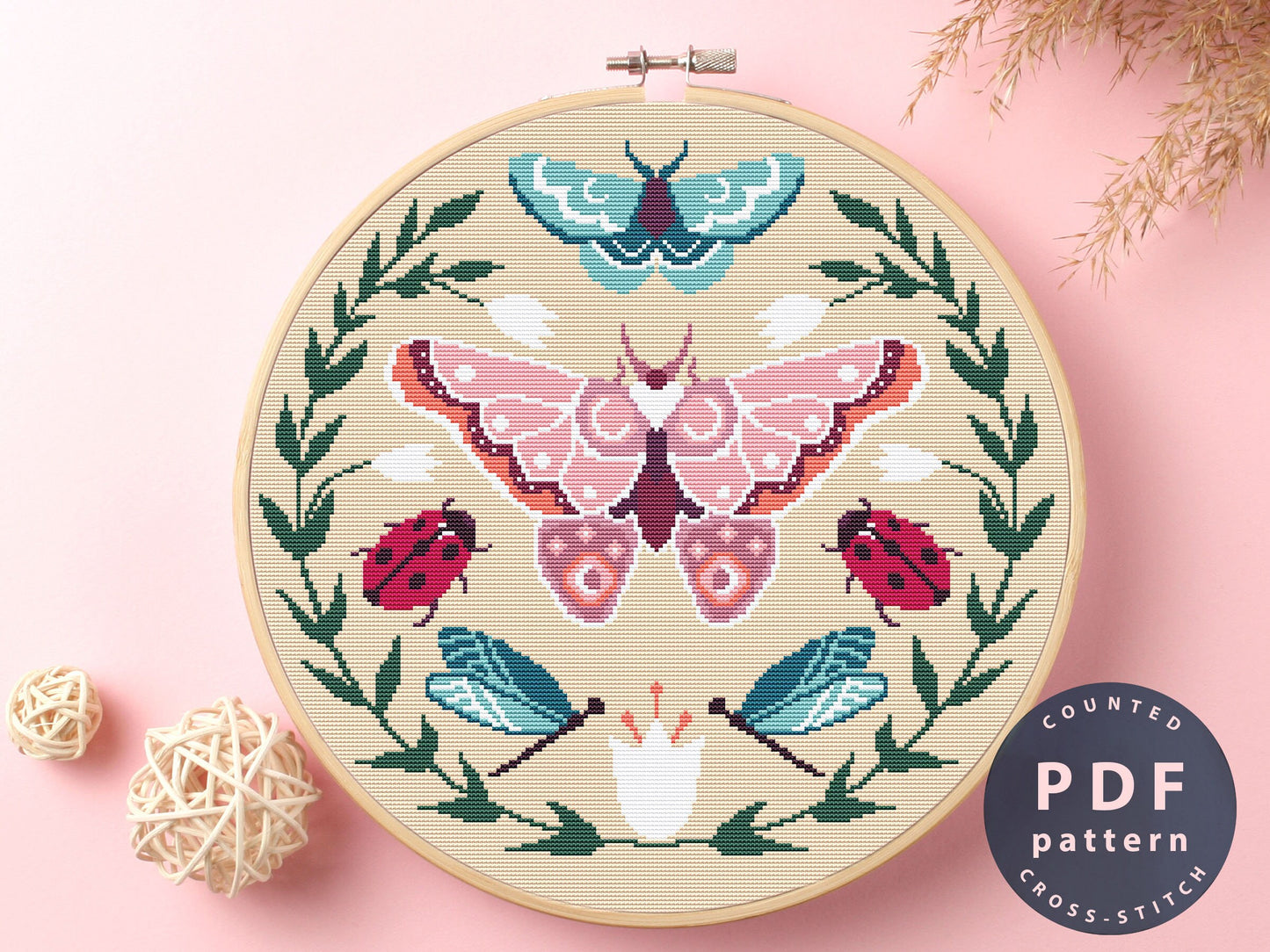 Butterfly and Ladybug Cross Stitch Pattern: Floral Home Decor (PDF Pattern)