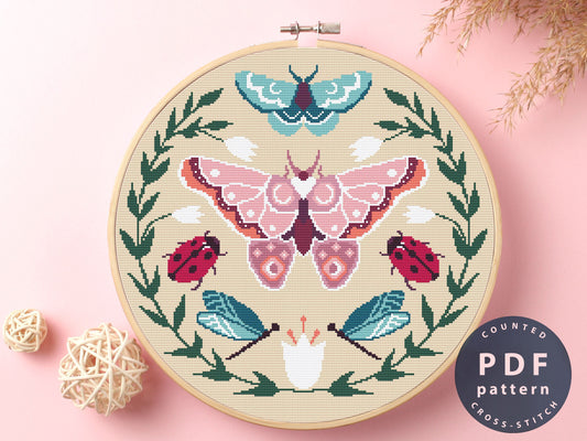 Butterfly and Ladybug Cross Stitch Pattern: Floral Home Decor (PDF Pattern)