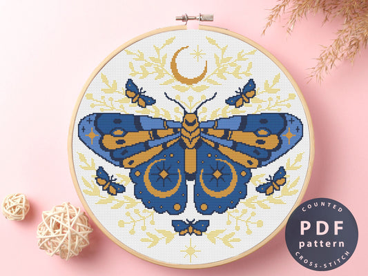 Butterfly and Moon Cross Stitch Pattern: Celestial Home Decor (PDF Pattern)