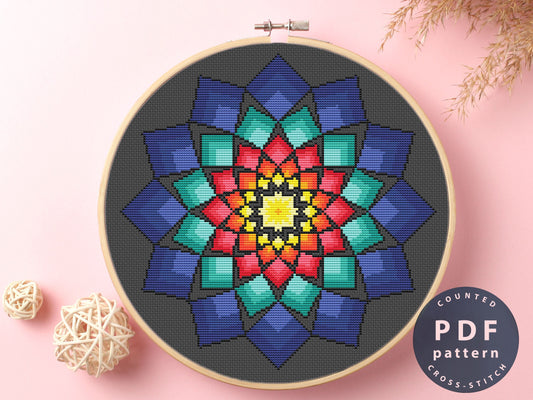 Mandala Cross Stitch Pattern: Color Abstraction DIY (PDF Pattern)