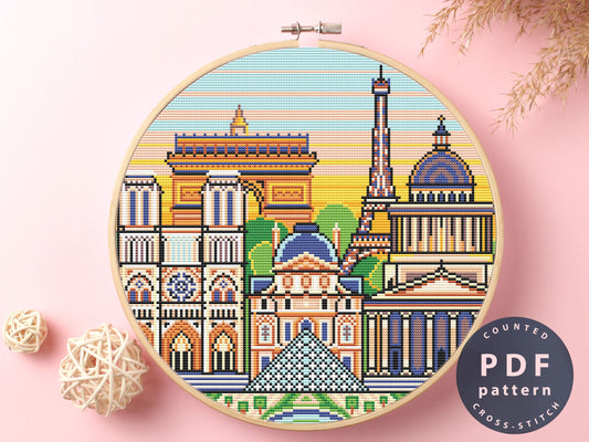 Paris Skyline Cross Stitch Pattern: Modern Embroidery DIY (PDF Pattern)