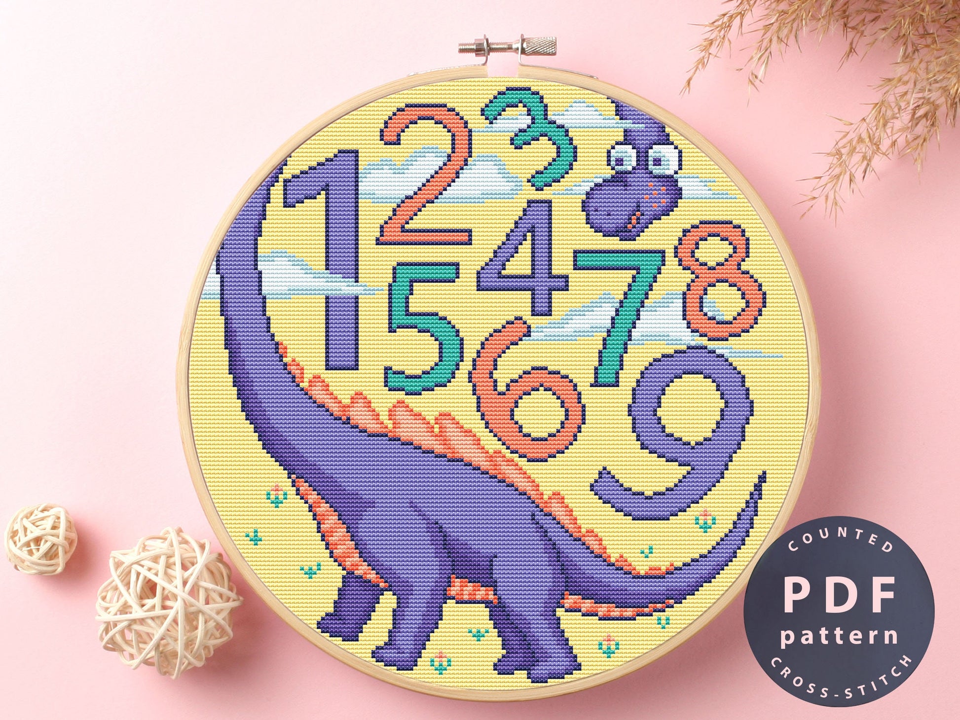 Dino Numbers Cross Stitch Pattern: Beginner Needlepoint (Digital Download)