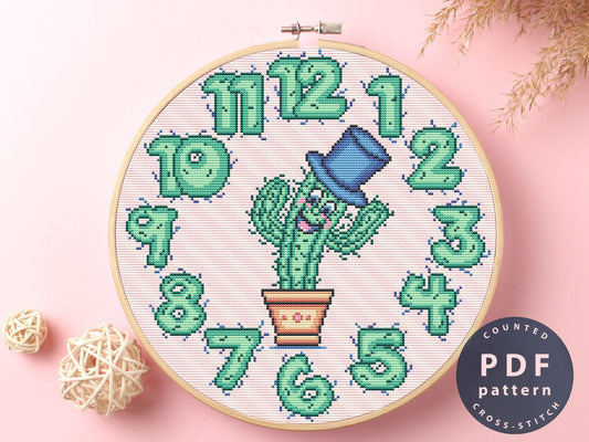 Cactus Clock Cross Stitch Pattern: Beginner Needlepoint (Digital Download)