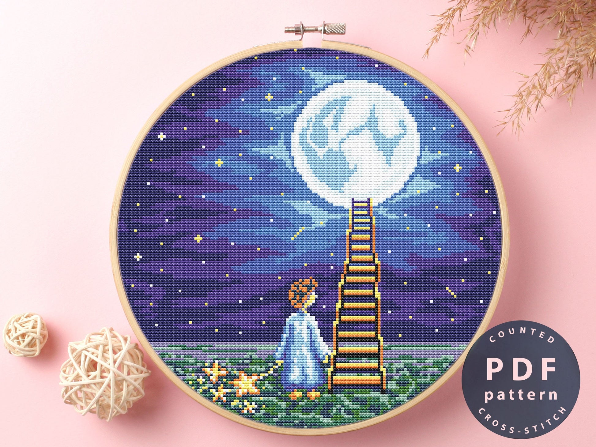 Stairs To The Moon Cross Stitch Pattern: DIY Home Decor (PDF Pattern)