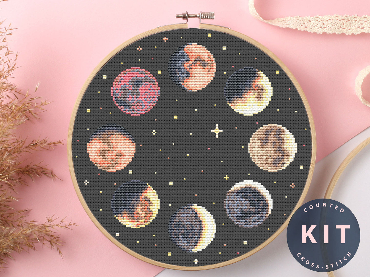 Moon Phases Cross Stitch Kit Beginner #KEMX319