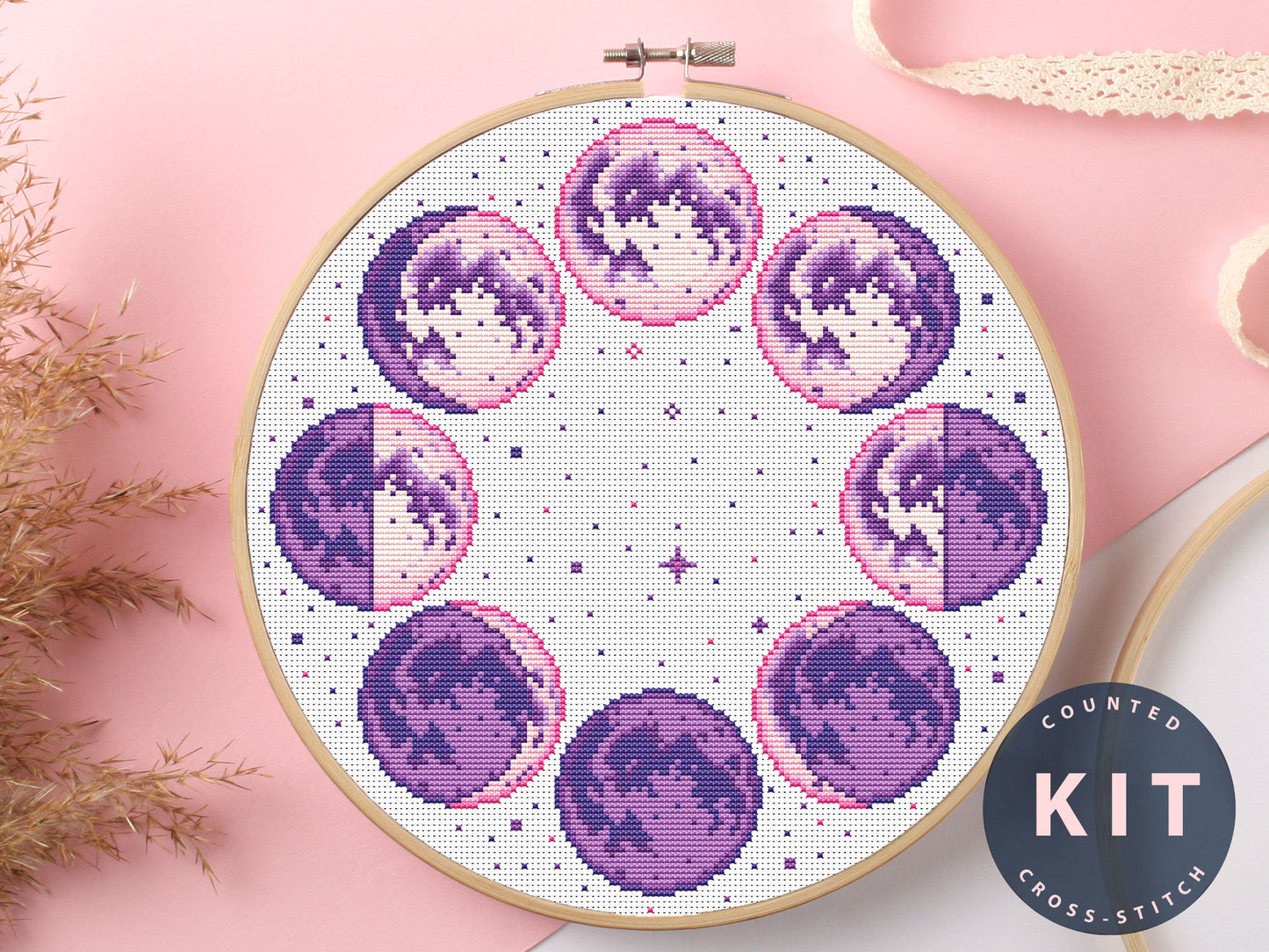Moon Phases Cross Stitch Kit Beginner #KEMX324