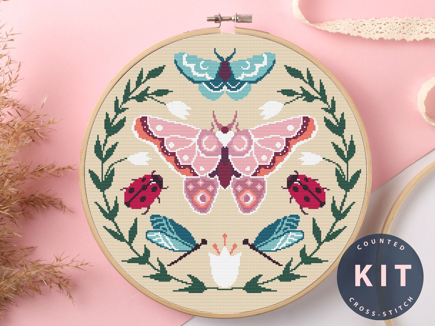 Butterfly & Ladybug Counted Cross Stitch Kit - Beginner Embroidery