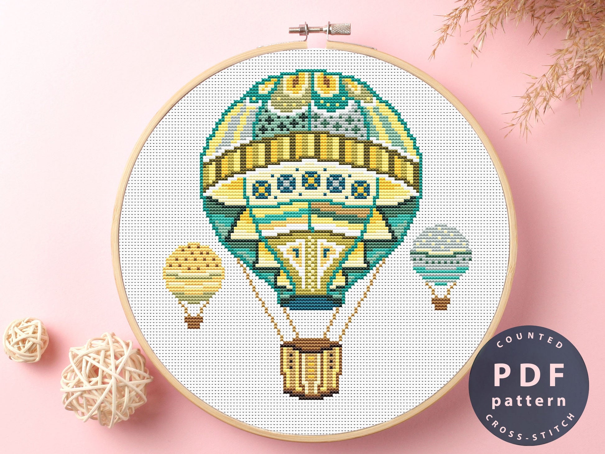 Hot Air Balloon Cross Stitch Pattern: Mandala Art (PDF Pattern)