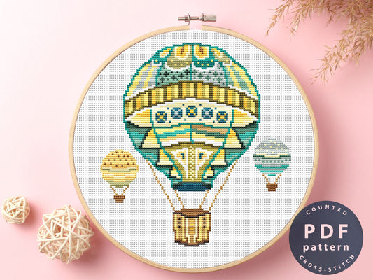 Hot Air Balloon Cross Stitch Pattern: Mandala Art (PDF Pattern)