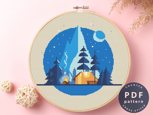 Forest Night Camping Cross Stitch Pattern: Home Decor (PDF Pattern)