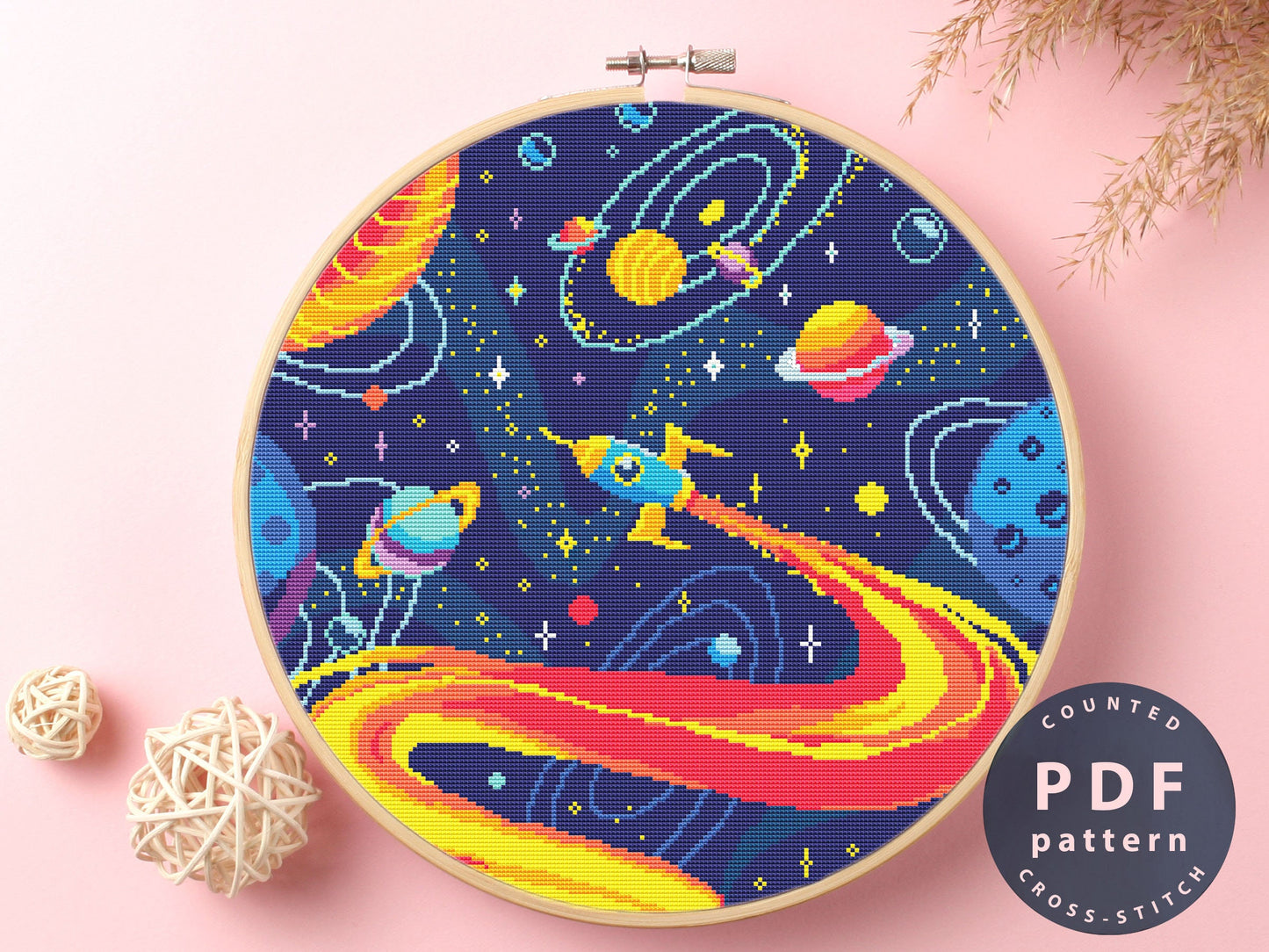 Space Cross Stitch Pattern: Rocket & Planets DIY Embroidery (PDF Pattern)