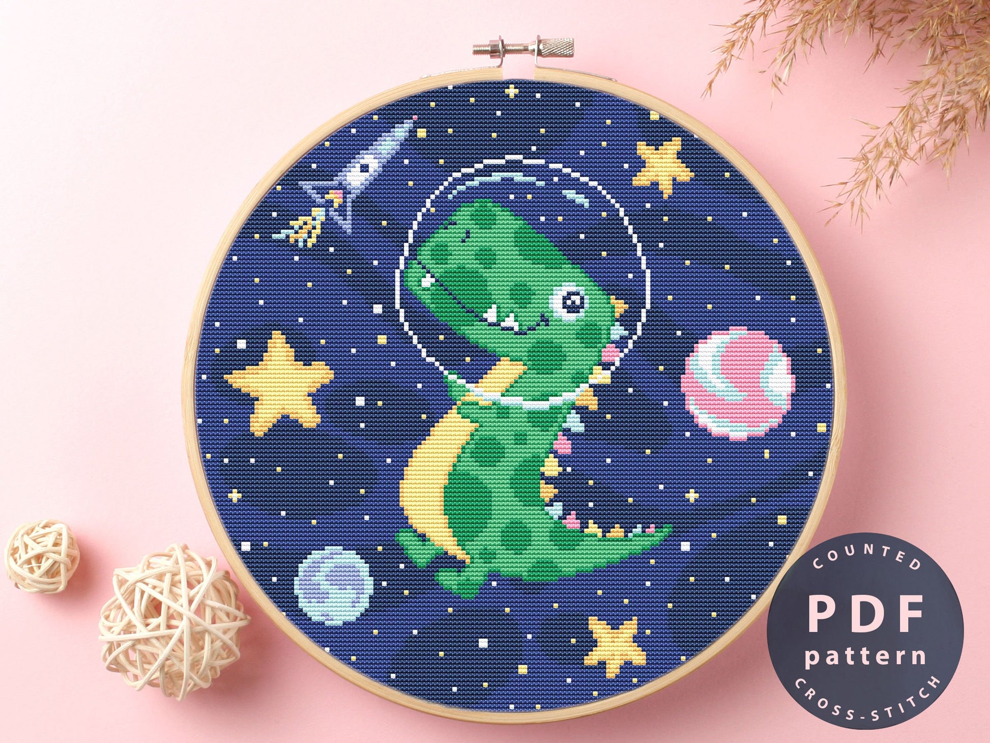 Dinosaur in Space Cross Stitch Pattern: Galaxy Theme (Digital Download)