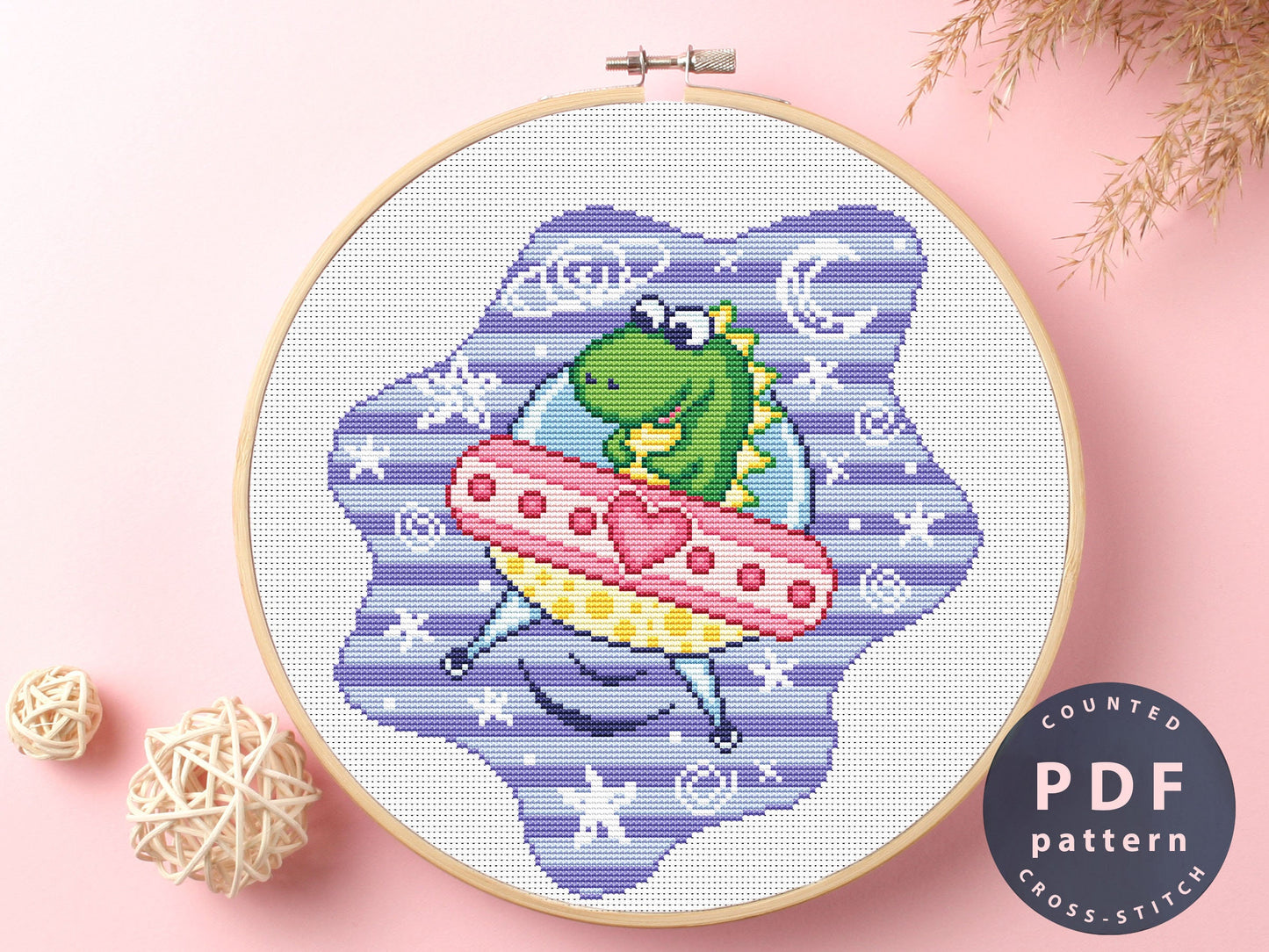 Dinosaur Astronaut Cross Stitch Pattern: Beginner Embroidery (Digital Download)
