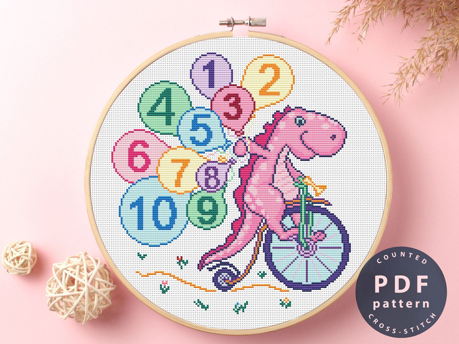 Dinosaur Cyclist Cross Stitch Pattern: Beginner Stitch Design (Digital Download)