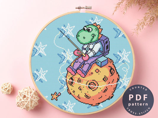 Dino Space Fishing Beginner Cross Stitch Pattern (Digital Download)
