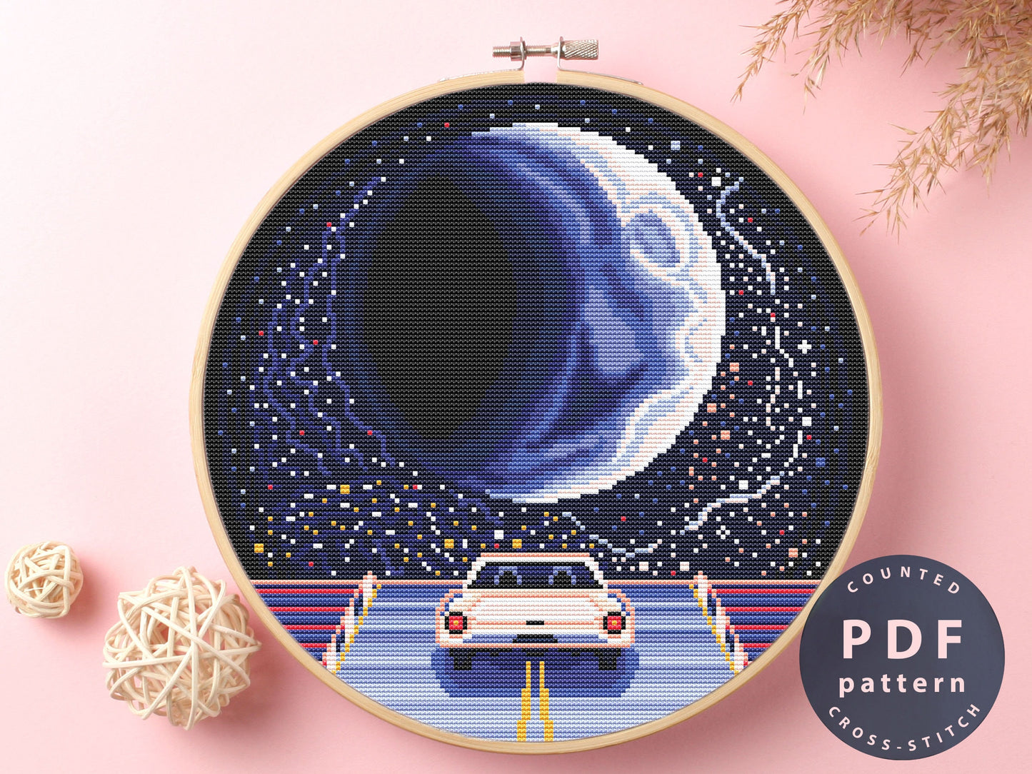 Moon Travel Cross Stitch Pattern: Car on Road DIY (PDF Pattern)