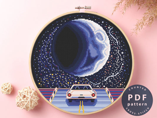 Moon Travel Cross Stitch Pattern: Car on Road DIY (PDF Pattern)
